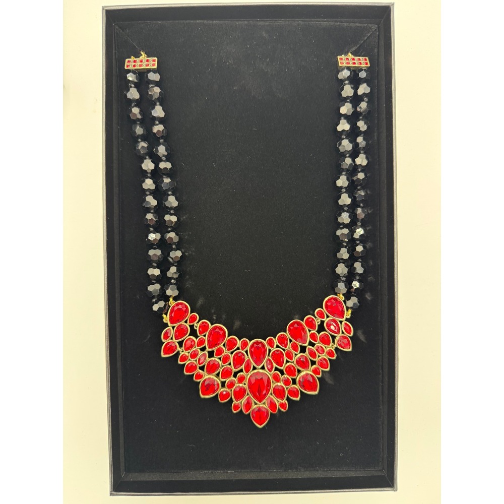 Heidi Daus Red Crystal Bib Statement Necklace Blk Beaded Double Strand Gold Tone - Picture 3 of 6